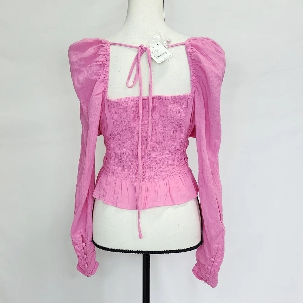 Free People Smocked Sweetheart Neck Long Puff Sleeve Peplum Top